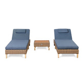 Outdoor Adjustable Wicker Chaise Lounge Set with Teak Coffee Table and Cushions